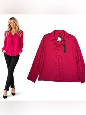 Elie Tahari NEW Lace Up Tie Blouse Lightweight Puff Sleeve Top XL Coral Pink Tag